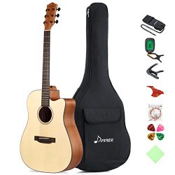 Donner DAG-1C Beginner Acoustic Guitar Full Size, 41″ Cutaway Guitar Bundle with Gig Bag T ...