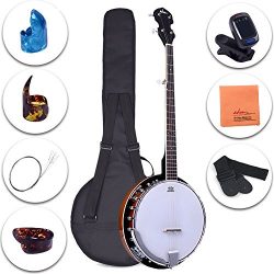 ADM 5-String Banjo 24 Bracket with Closed Solid Wood Back and Geared 5th Tuner, Beginner Pack wi ...