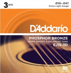 D’Addario EJ15-3D Phosphor Bronze Acoustic Guitar Strings, Extra Light, 3 Sets