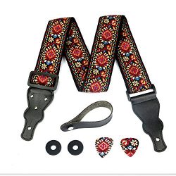 Guitar Strap Red Vintage Woven W/ FREE BONUS- 2 Picks + Strap Locks + Strap Button. For Bass, El ...