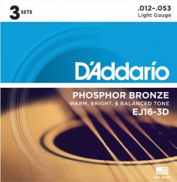 D’Addario EJ16-3D Phosphor Bronze Acoustic Guitar Strings, Light, 3 Sets