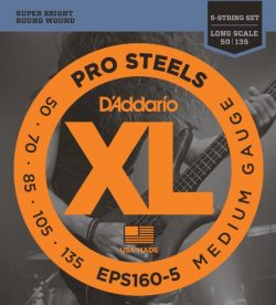 D’Addario EPS160-5 5-String ProSteels Bass Guitar Strings, Medium, 50-135, Long Scale