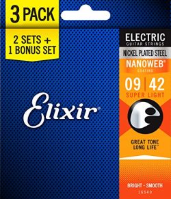 Elixir Strings 16540 Electric Guitar Strings with NANOWEB Coating, 3 Pack, Super Light (.009-.042)