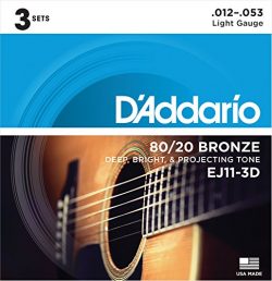 D’Addario EJ11-3D 80/20 Bronze Acoustic Guitar Strings, 12-53, 3 Sets, Light