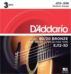 D’Addario EJ12-3D 80/12 Bronze Acoustic Guitar Strings, 13-56, 3 Sets, Medium