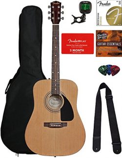 Fender FA-100 Dreadnought Acoustic Guitar – Natural Bundle with Fender Play and Austin Baz ...