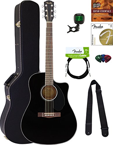 Fender CD-60SCE Dreadnought Acoustic-Electric Guitar – Black Bundle with Hard Case, Tuner, ...
