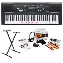 Yamaha EZ220 61-Key Lighted Key Portable Keyboard Bundle with X-Style Keyboard Stand and Surviva ...