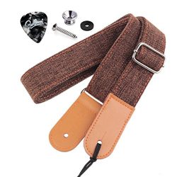 Rinastore Ukulele Strap Country Style Soft Cotton Linen & Genuine Leather Ukulele Shoulder S ...