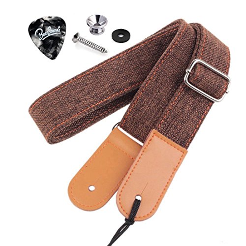 Rinastore Ukulele Strap Country Style Soft Cotton Linen & Genuine Leather Ukulele Shoulder S ...