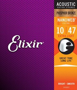 Elixir Strings Phosphor Bronze Acoustic Guitar Strings w NANOWEB Coating, Extra Light (.010-.047)