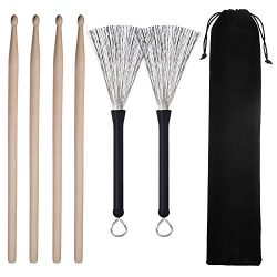 2 Pairs 5A Drum Sticks 1 Pair Drum Wire Brushes Drum Brushes Set Drum Sticks Set Retractable Bru ...