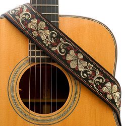 CLOUDMUSIC Guitar Strap Jacquard Weave Strap With Leather Ends Vintage Classical Pattern Design  ...