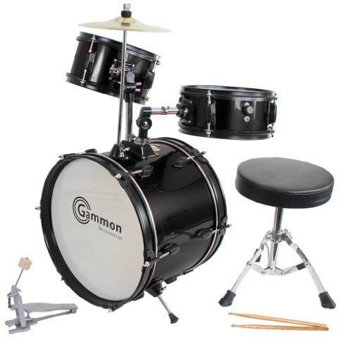 Drum Set Black Complete Junior Kid’s Children’s Size with Cymbal Stool Sticks – Sticks