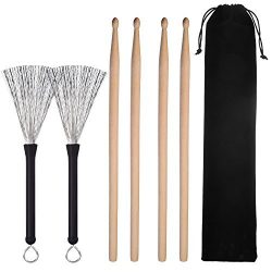 Pangda 2 Pair 5A Drum Sticks Classic Maple Wood Drumsticks Sets and 1 Pair Drum Wire Brushes Ret ...