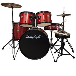 Rise by Sawtooth Full Size Student Drum Set with Hardware and Cymbals, Crimson Red Sparkle