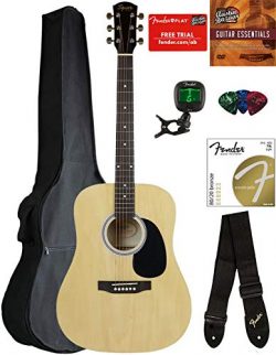 Fender Squier Dreadnought Acoustic Guitar – Natural Bundle with Gig Bag, Tuner, Strap, Str ...