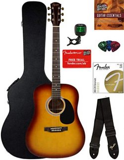 Fender Squier Dreadnought Acoustic Guitar – Sunburst Bundle with Hard Case, Tuner, Strap,  ...