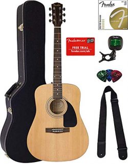 Fender FA-100 Dreadnought Acoustic Guitar – Natural Satin Bundle with Hard Case, Tuner, St ...