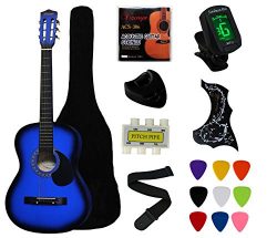 YMC 38″ Blue Beginner Acoustic Guitar Starter Package Student Guitar with Gig Bag,Strap, 3 ...