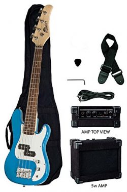 Raptor 3/4 Size 38 Inch Kids Child 4 String Electric P Bass Package – BLUE with 5W Amp, Gi ...