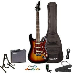 Sawtooth Sunburst Electric Guitar with Tortoise Pickguard – Includes Accessories, Amp, Gig ...