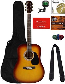 Fender Squier Dreadnought Acoustic Guitar – Sunburst Bundle with Fender Play Online Lesson ...