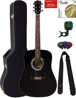 Fender FA-115 Dreadnought Acoustic Guitar – Black Bundle with Hard Case, Tuner, Strings, S ...