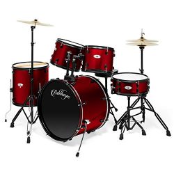 Ashthorpe 5-Piece Complete Full Size Adult Drum Set with Remo Batter Heads – Red
