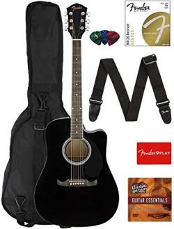 Fender FA-125CE Dreadnought Cutaway Acoustic-Electric Guitar – Black Bundle with Gig Bag,  ...