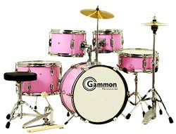 Gammon 5-Piece Junior Starter Drum Kit with Cymbals, Hardware, Sticks, & Throne – Pink