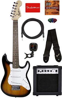 Squier by Fender Mini Strat Electric Guitar – Brown Sunburst Bundle with Amplifier, Instru ...