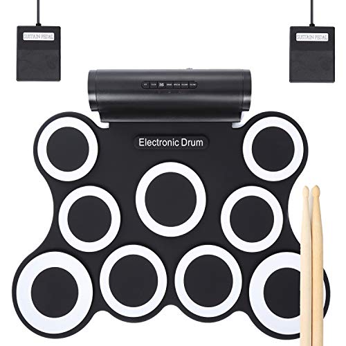 Electronic Drum Set, Christmas Gifts for Kids 9 Pads Roll Up Drum Kit Practice Pad Midi Drum Kit ...