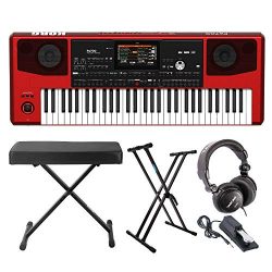 Korg Pa700RD 61-Key Professional Arranger Keyboard (Red) Bundle with Knox Gear Double X Stand an ...