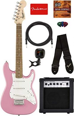 Squier by Fender Mini Strat Electric Guitar – Pink Bundle with Amplifier, Instrument Cable ...