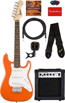 Fender Squier Mini Strat Electric Guitar – Competition Orange Bundle with Amplifier, Instr ...