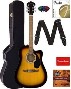 Fender FA-125CE Dreadnought Cutaway Acoustic-Electric Guitar – Sunburst Bundle with Hard C ...