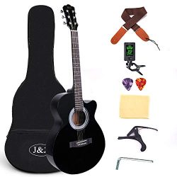 Beginner Acoustic Guitar 40 Inch Cutaway Mahogany Black Guitar Bundle with Gig Bag Clip Tuner Ca ...