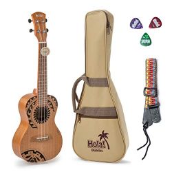 Hola! Music HM-124TT+ Laser Engraved Mahogany Concert Ukulele Bundle with Aquila Strings, Padded ...