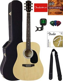 Fender Squier Dreadnought Acoustic Guitar – Natural Bundle with Hard Case, Tuner, Strap, S ...