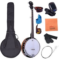 ADM 5-String Banjo 24 Bracket with Closed Solid Wood Back and Geared 5th Tuner, Beginner Pack wi ...