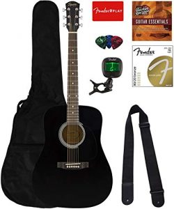 Fender Squier Dreadnought Acoustic Guitar – Black Bundle with Gig Bag, Tuner, Strap, Strin ...