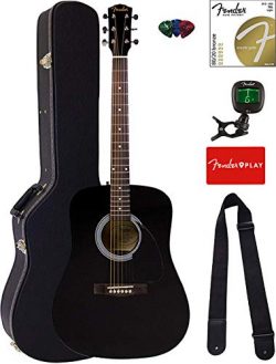 Fender FA-115 Dreadnought Acoustic Guitar – Black Bundle with Hard Case, Tuner, Strings, S ...