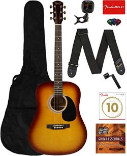 Fender Squier Dreadnought Acoustic Guitar – Sunburst Learn-to-Play Bundle with Gig Bag, Tu ...