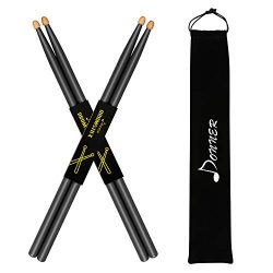 Donner Snare Drum Sticks 5A Classic Maple Wood Drumstick 2 Pair Black with Carrying Bag