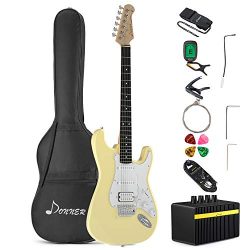 Donner DST-100W Full-Size 39 Inch Electric Guitar White with Amplifier, Bag, Capo, Strap, String ...