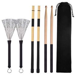 Cooyeah Drum Stick Brush Set, 1 Pair 5A Classic Maple Wood Drum Sticks 1 Pair Retractable Drum W ...