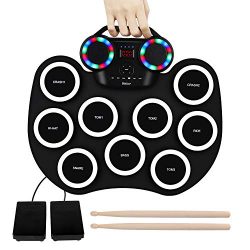 9 Pads Electronic Drum Set Roll up LED Lights Pratice Drum,Bluetooth,MIDI,Built-in Speaker,Long  ...