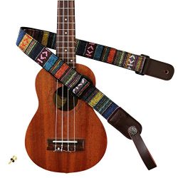 MUSIC FIRST Classic Country style Soft Cotton & Genuine Leather Ukulele Strap Ukulele Should ...