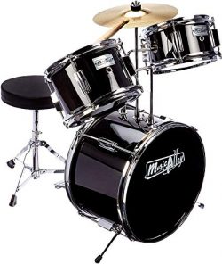 Music Alley 3 Piece Kids Drum Set with Throne, Cymbal, Pedal & Drumsticks, Metallic Black, ( ...